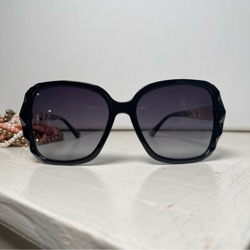 Black & Gold Oversized Square Sunglasses Polarized Tinted w Crystal Frames NWT - Picture 3 of 15